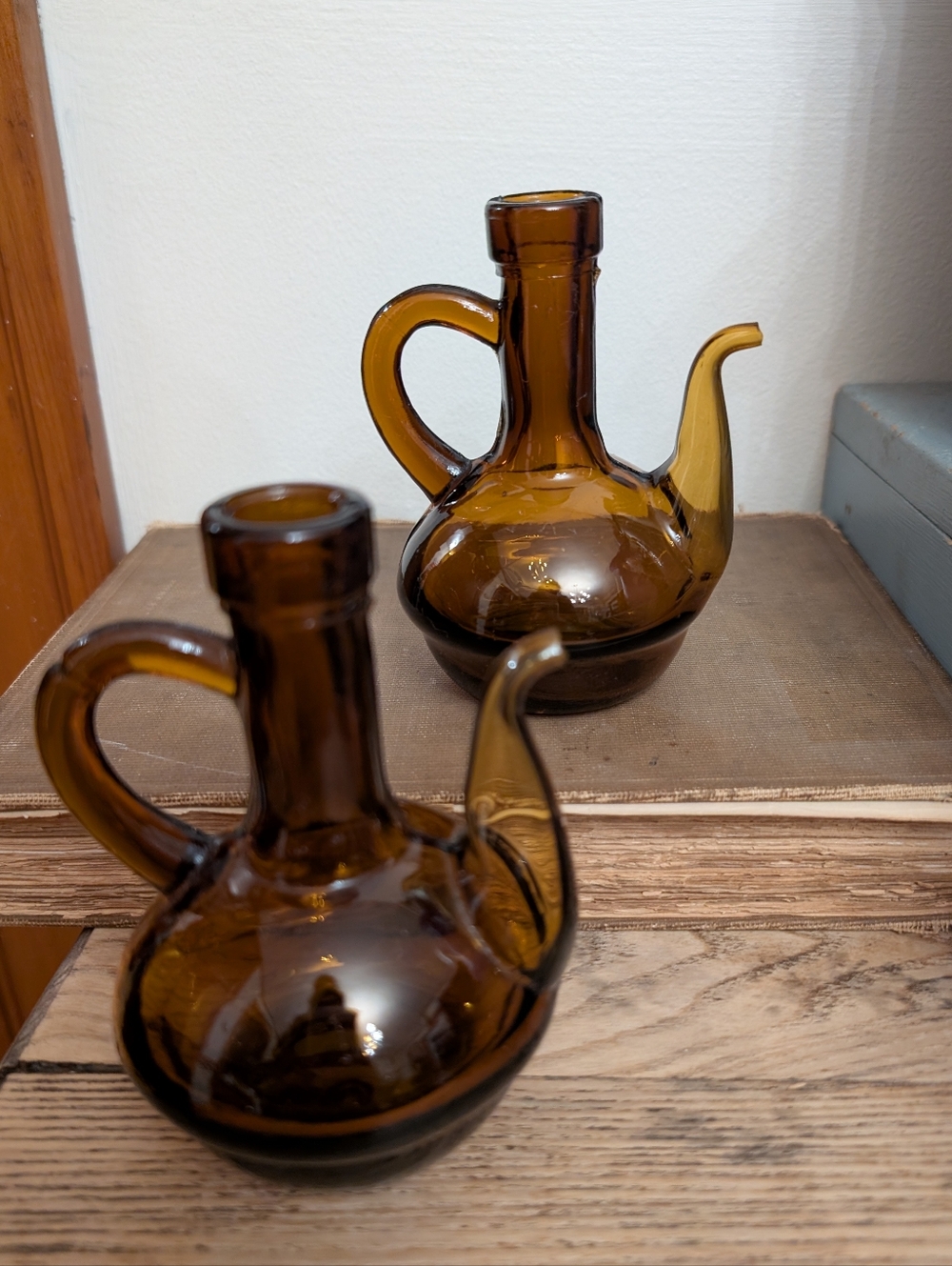 Vintage Dark Amber Colored Blown Glass Cruet Set